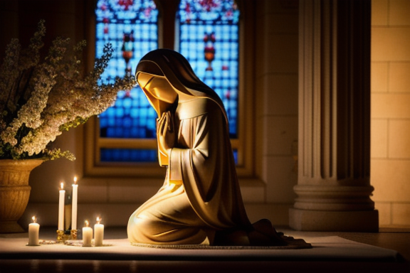 Person praying in front of a statue of the Virgin Mary