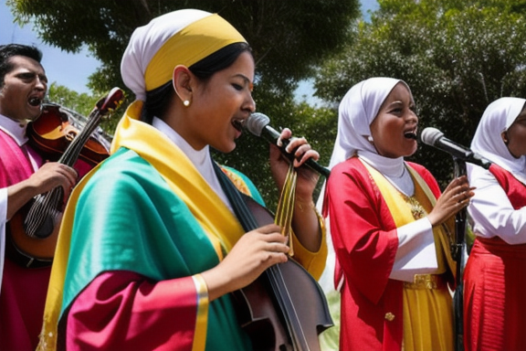 Grupo de pessoas cantando e tocando instrumentos musicais durante uma celebração religiosa
