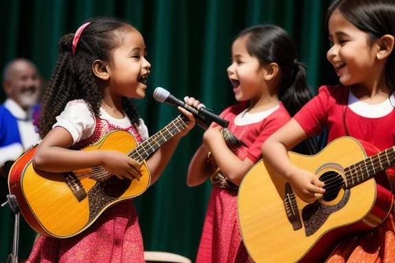 Children singing and playing musical instruments during a Catholic music event