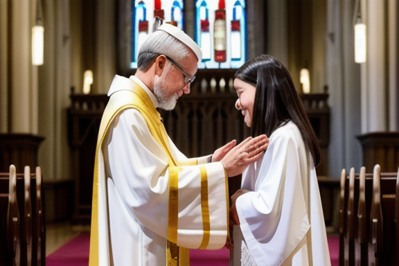 Person receiving the sacrament of Confirmation in a Catholic church