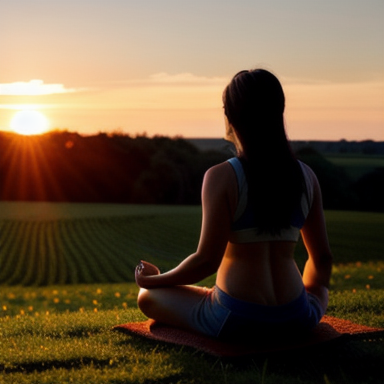 A peaceful landscape with a sunset and a person meditating in a field