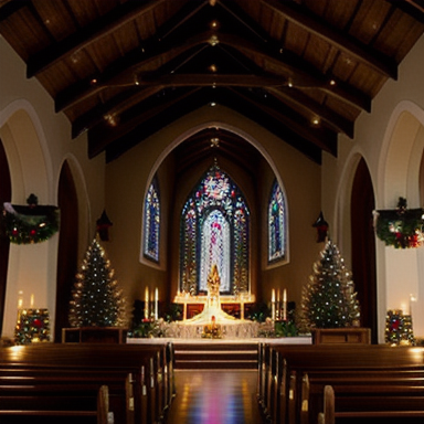 Imagem de uma igreja iluminada à luz de velas durante a Missa do Galo