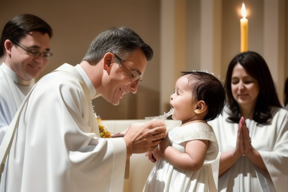 Imagem de mãe segurando seu bebê durante uma cerimônia de batismo