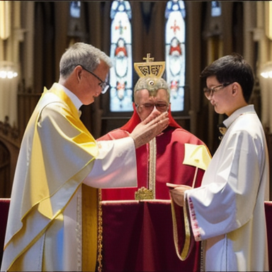 Priest anointing a candidate with Holy Chrism